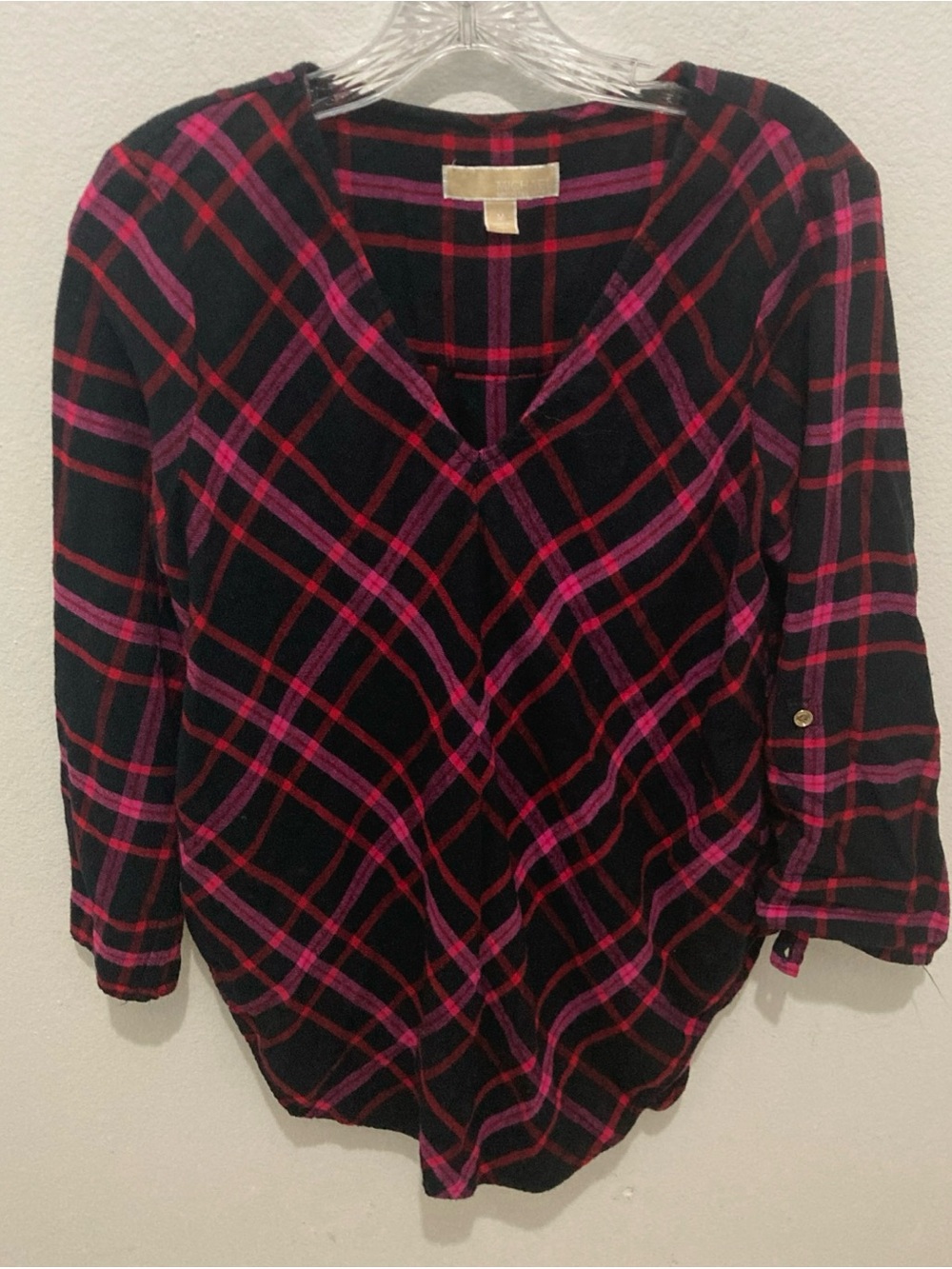 MICHAEL Michael Kors black purple plaid V-neck flannel pullover top M